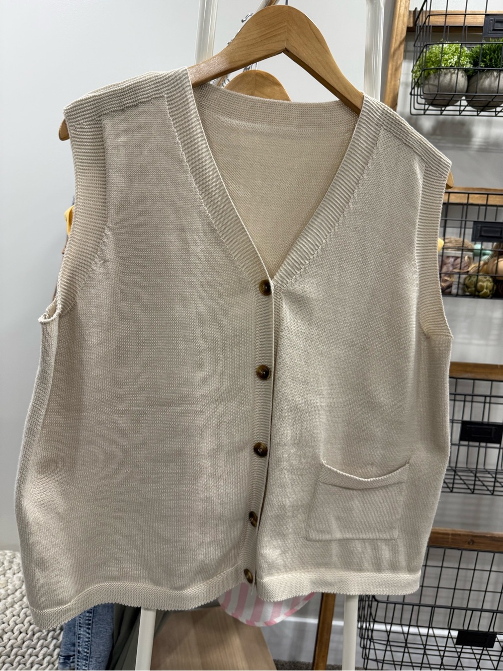 Cream Oversized Knit Button Sweater Vest Womens